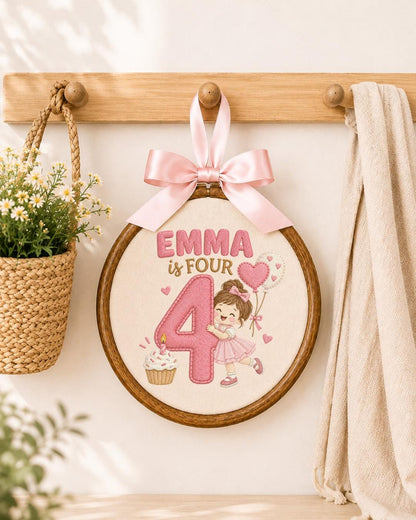 Personalized 4th Birthday Embroidered Ornament, Custom Girl Name Hoop, Fourth Birthday Gift, Pink Birthday Keepsake, Kids Room Decor