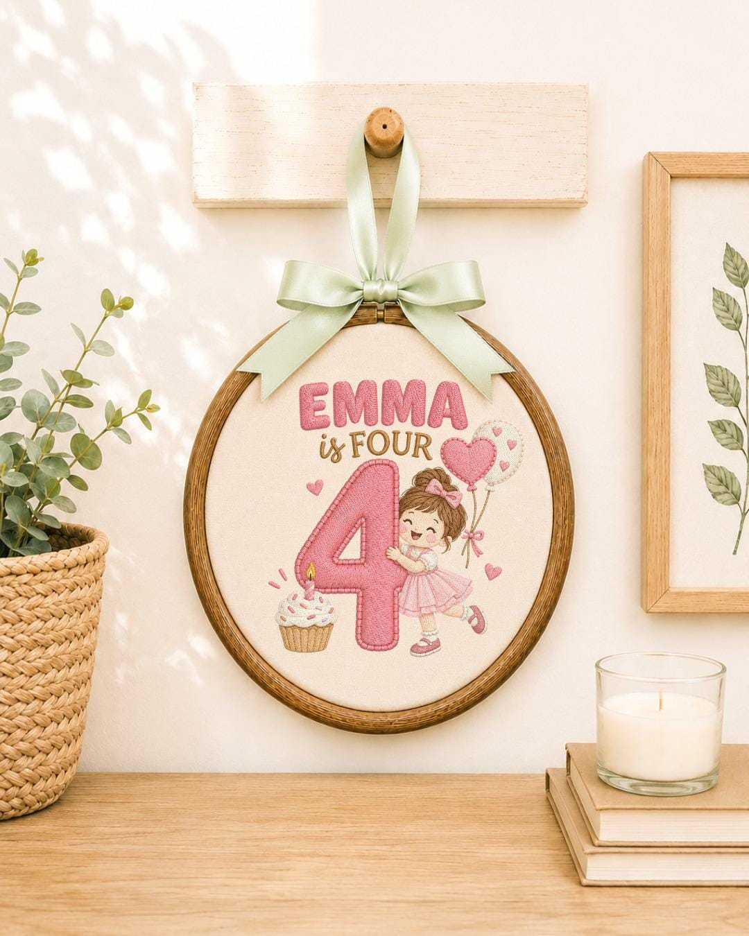 Personalized 4th Birthday Embroidered Ornament, Custom Girl Name Hoop, Fourth Birthday Gift, Pink Birthday Keepsake, Kids Room Decor
