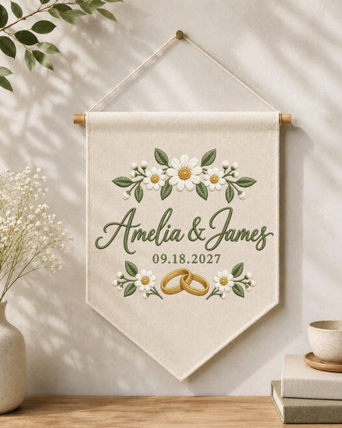 Personalized Wedding Wall Hanging, Custom Couple Names Embroidered Banner, Daisy Wedding Decor, Wedding Date Keepsake, Anniversary Gift