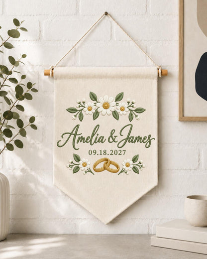 Personalized Wedding Wall Hanging, Custom Couple Names Embroidered Banner, Daisy Wedding Decor, Wedding Date Keepsake, Anniversary Gift