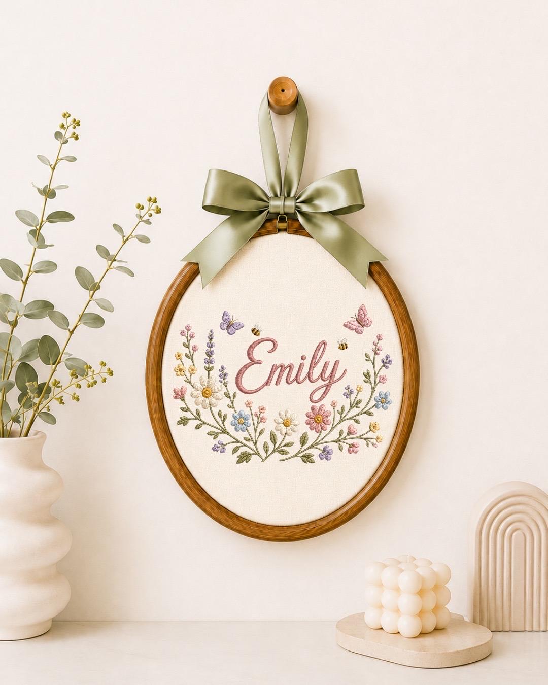 Personalized Wildflower Embroidered Ornament, Custom Baby Name Floral Hoop, Butterfly Nursery Decor, Baby Girl Gift, Newborn Keepsake