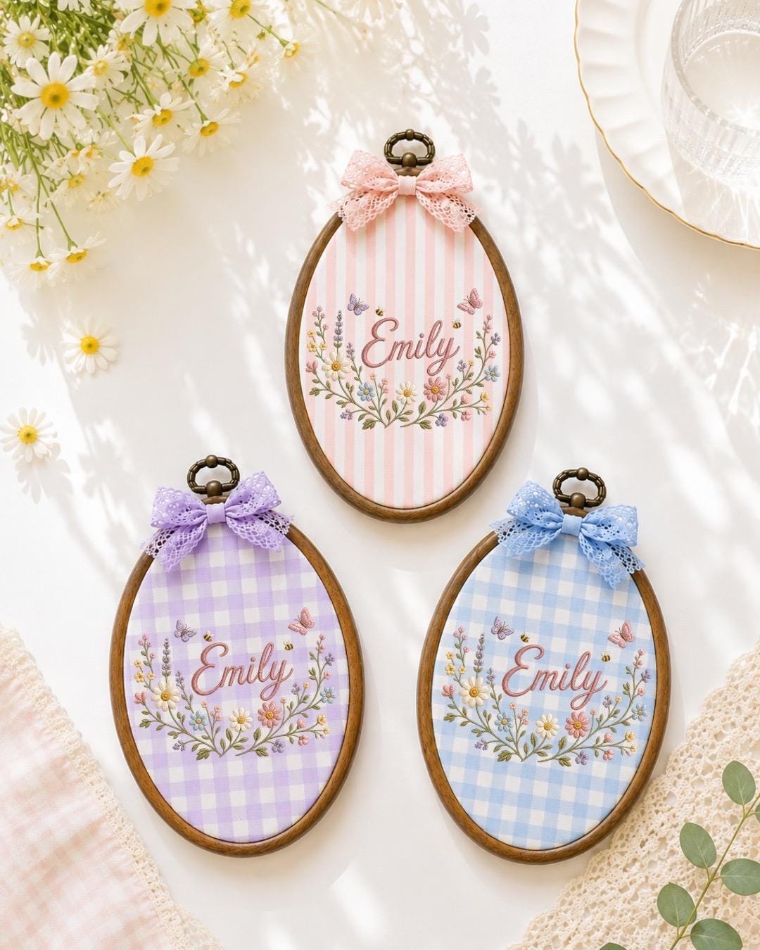 Personalized Wildflower Embroidered Ornament, Custom Baby Name Floral Hoop, Butterfly Nursery Decor, Baby Girl Gift, Newborn Keepsake
