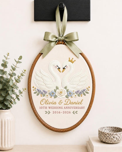 Personalized Swan Anniversary Embroidered Ornament, 10th Wedding Anniversary Gift, Custom Couple Name Hoop, Romantic Wedding Keepsake