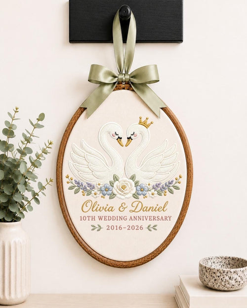 Personalized Swan Anniversary Embroidered Ornament, 10th Wedding Anniversary Gift, Custom Couple Name Hoop, Romantic Wedding Keepsake