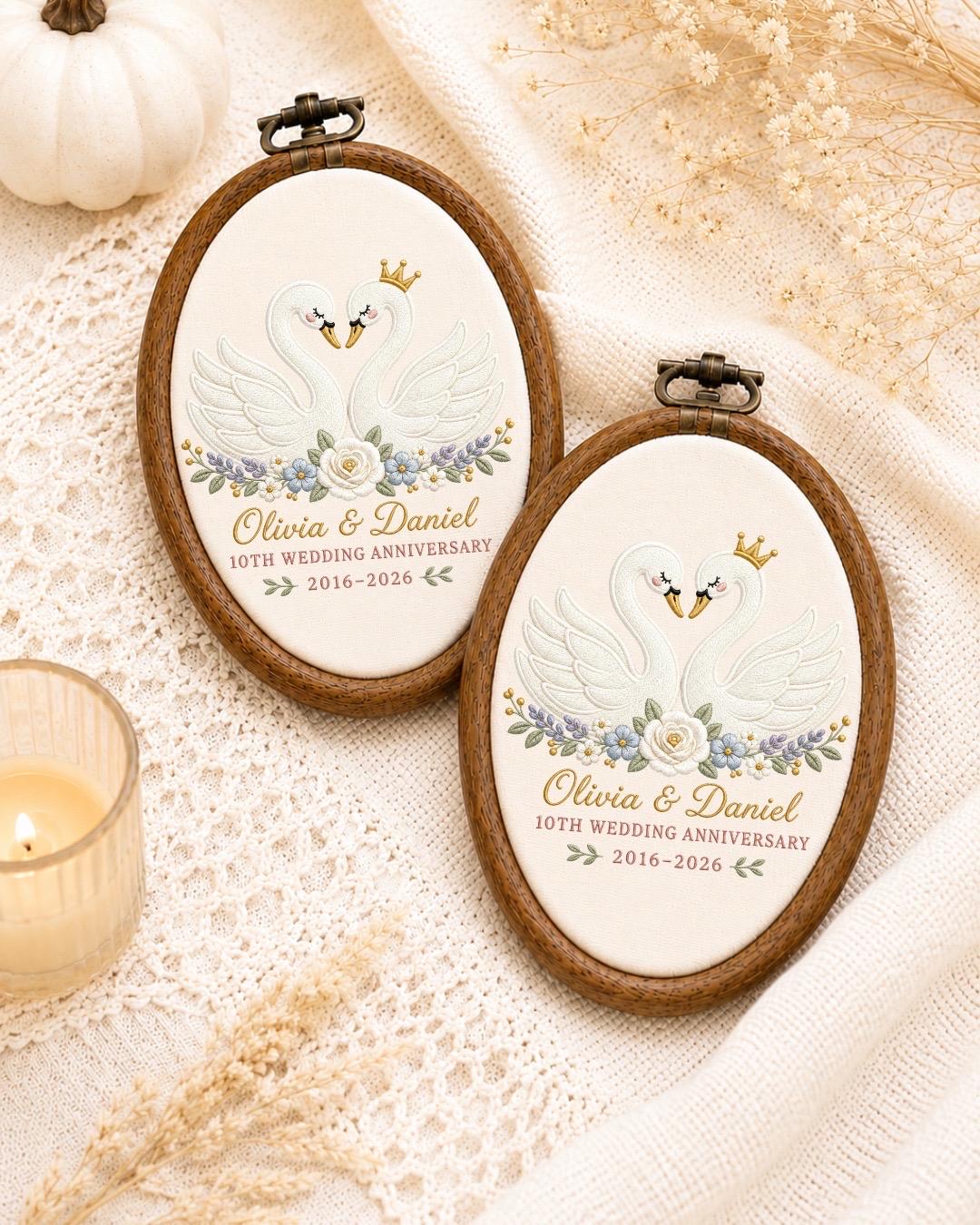 Personalized Swan Anniversary Embroidered Ornament, 10th Wedding Anniversary Gift, Custom Couple Name Hoop, Romantic Wedding Keepsake