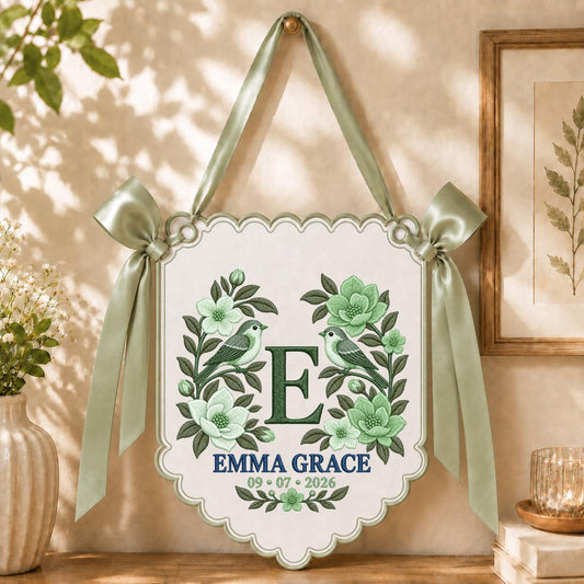 Personalized Monogram Scalloped Banner, Custom Name Emma Grace Initial E Embroidered Lavender Bows Bird Nursery Wall Sign Decor