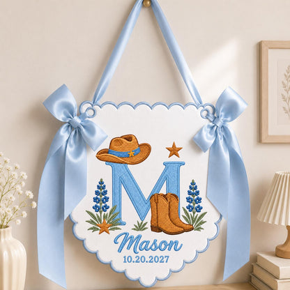 Personalized Cowboy Baby Name Embroidered Banner, Western Nursery Wall Hanging, Custom Monogram Baby Boy Gift, Cowboy Boots Nursery Decor
