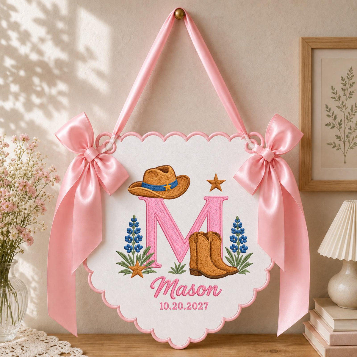 Personalized Cowboy Baby Name Embroidered Banner, Western Nursery Wall Hanging, Custom Monogram Baby Boy Gift, Cowboy Boots Nursery Decor