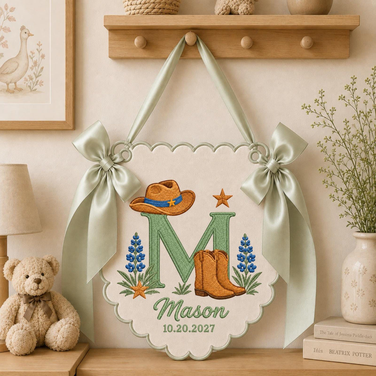 Personalized Cowboy Baby Name Embroidered Banner, Western Nursery Wall Hanging, Custom Monogram Baby Boy Gift, Cowboy Boots Nursery Decor