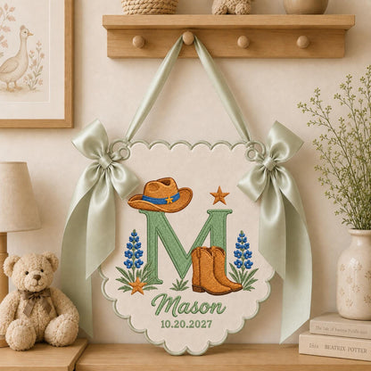Personalized Cowboy Baby Name Embroidered Banner, Western Nursery Wall Hanging, Custom Monogram Baby Boy Gift, Cowboy Boots Nursery Decor