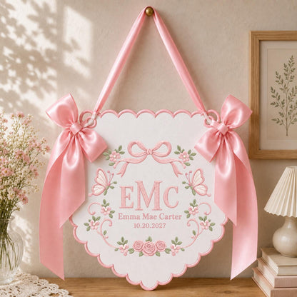 Personalized Butterfly Baby Name Embroidered Banner, Custom Monogram Nursery Wall Hanging, Floral Baby Girl Name Sign, Newborn Gift