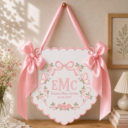 Personalized Butterfly Baby Name Embroidered Banner, Custom Monogram Nursery Wall Hanging, Floral Baby Girl Name Sign, Newborn Gift