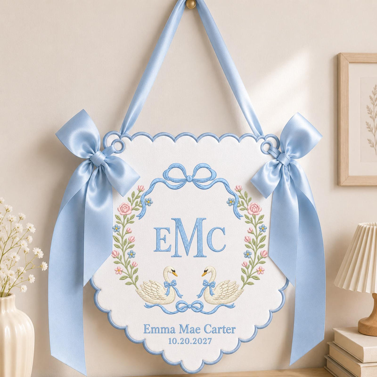 Personalized Swan Baby Name Embroidered Banner, Custom Monogram Nursery Wall Hanging, Floral Baby Girl Name Sign, Baby Shower Gift