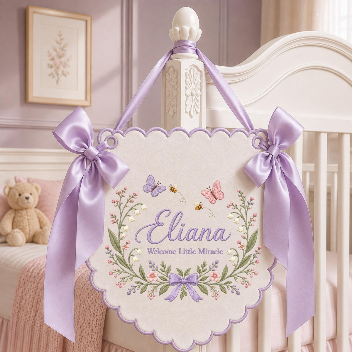 Personalized Wildflower Baby Name Embroidered Banner, Butterfly Nursery Wall Hanging, Custom Floral Name Sign, Newborn Baby Shower Gift
