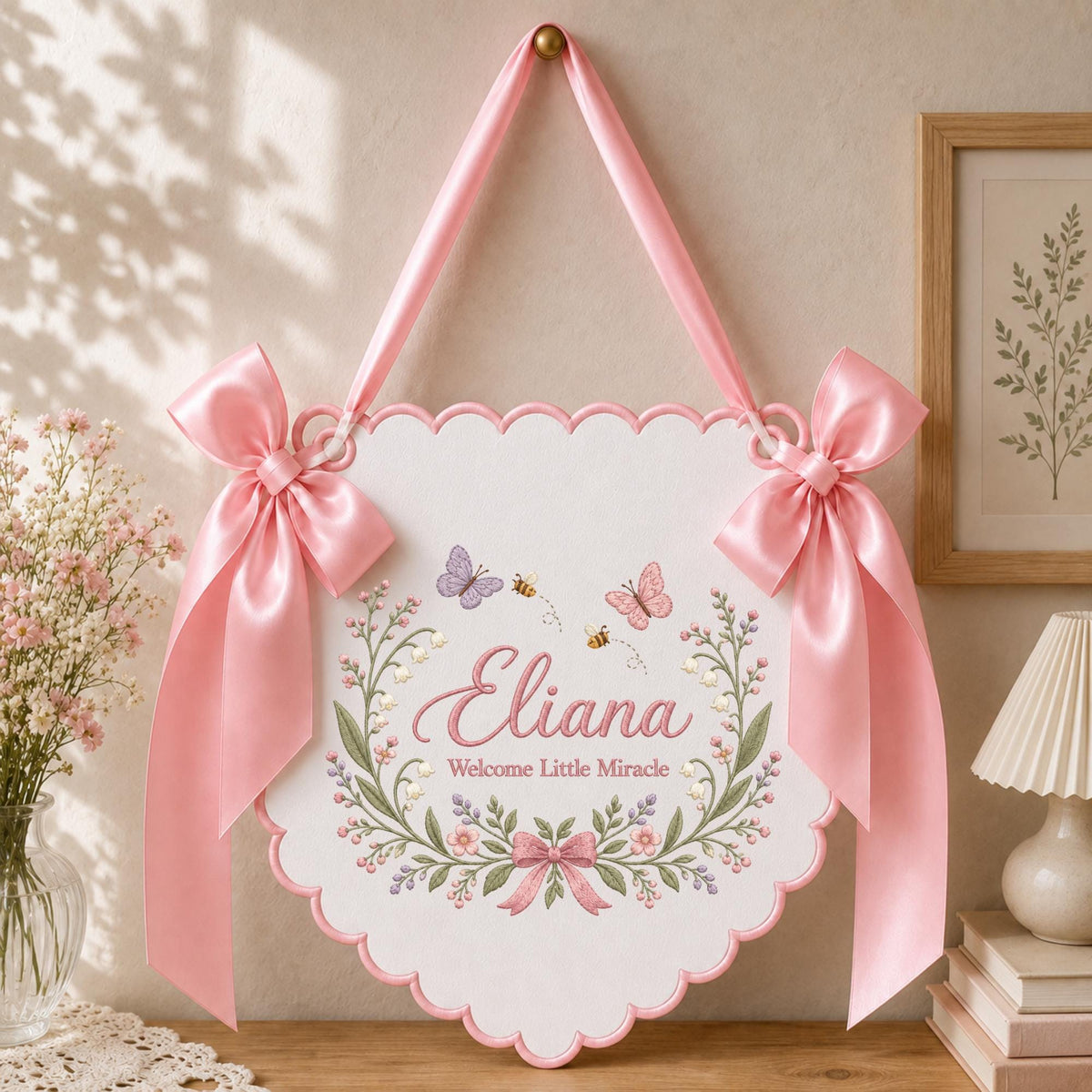Personalized Wildflower Baby Name Embroidered Banner, Butterfly Nursery Wall Hanging, Custom Floral Name Sign, Newborn Baby Shower Gift