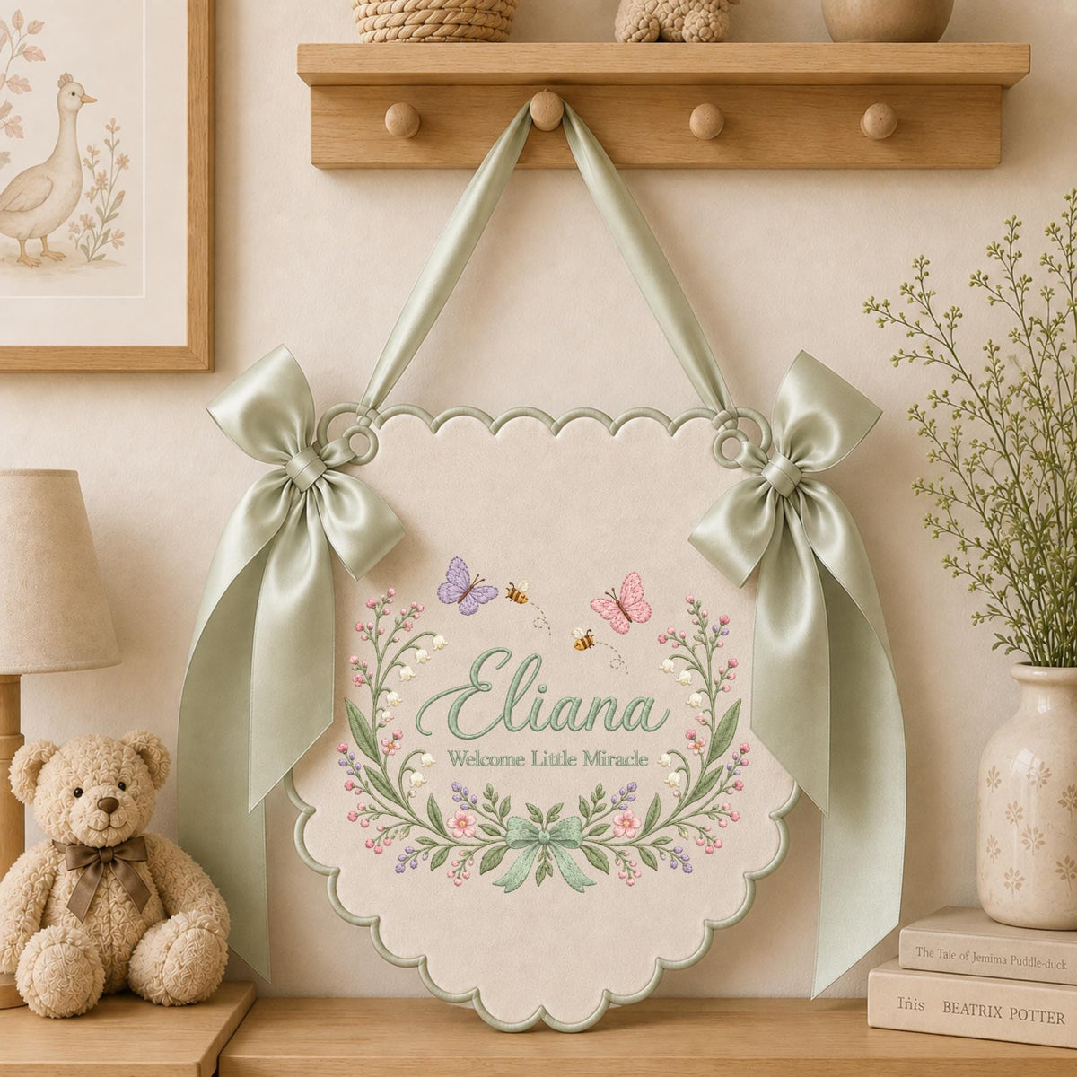 Personalized Wildflower Baby Name Embroidered Banner, Butterfly Nursery Wall Hanging, Custom Floral Name Sign, Newborn Baby Shower Gift