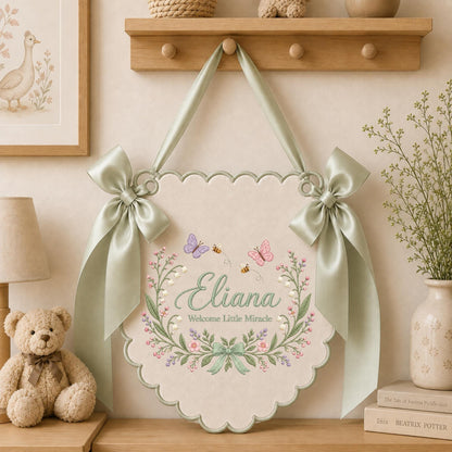 Personalized Wildflower Baby Name Embroidered Banner, Butterfly Nursery Wall Hanging, Custom Floral Name Sign, Newborn Baby Shower Gift