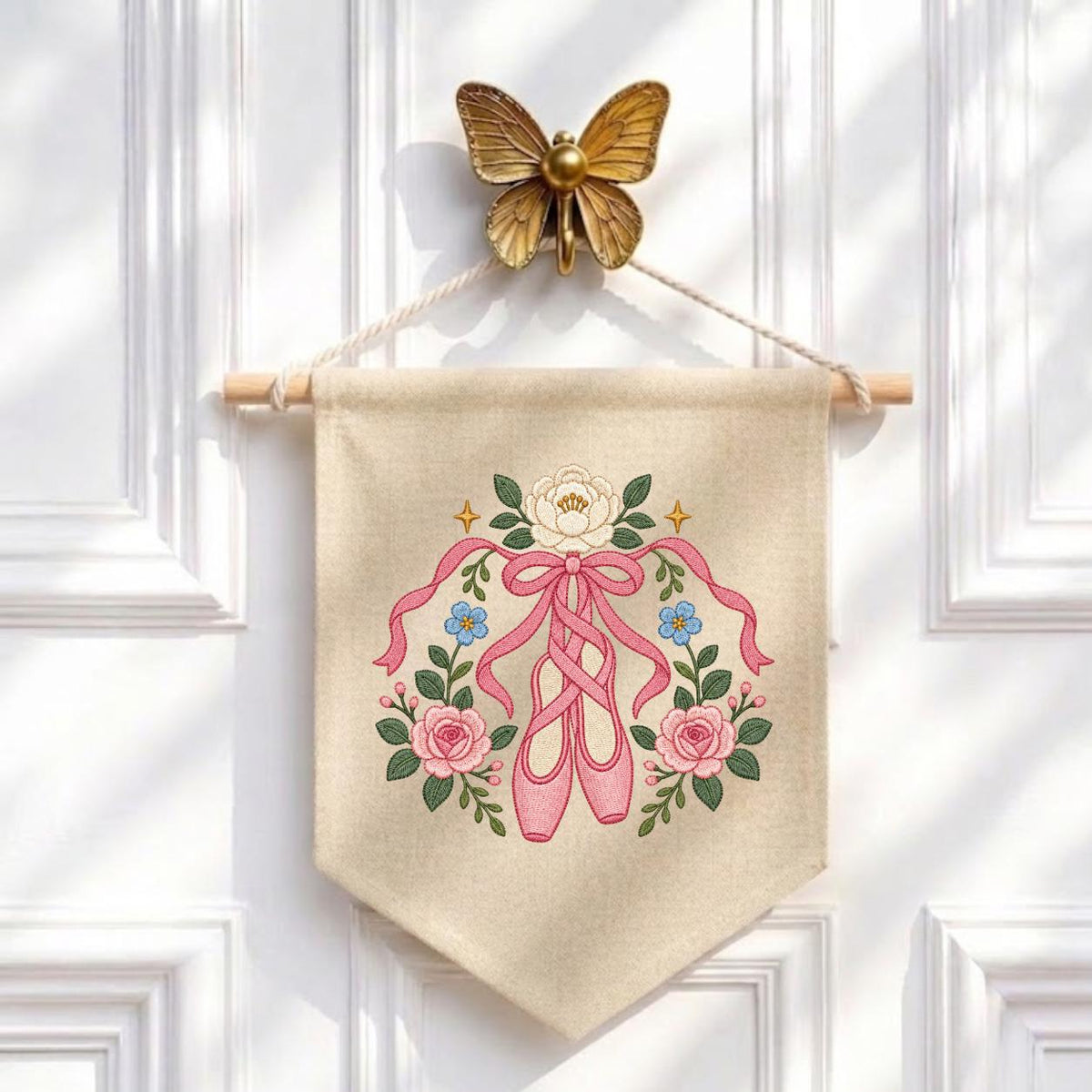 Embroidered Ballet Shoes Wall Hanging Floral Dance Banner Pink Ribbon Pointe Shoe Decor Ballerina Room Art Handmade Gift Keepsake Art