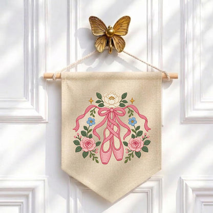 Embroidered Ballet Shoes Wall Hanging Floral Dance Banner Pink Ribbon Pointe Shoe Decor Ballerina Room Art Handmade Gift Keepsake Art