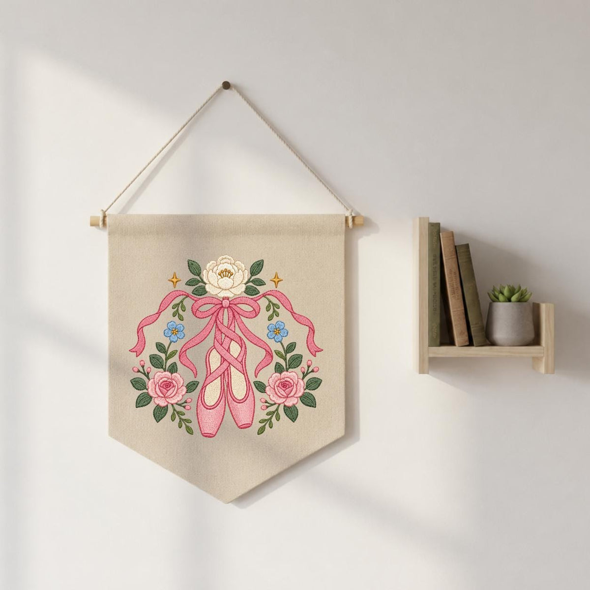 Embroidered Ballet Shoes Wall Hanging Floral Dance Banner Pink Ribbon Pointe Shoe Decor Ballerina Room Art Handmade Gift Keepsake Art