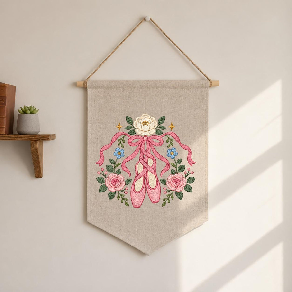 Embroidered Ballet Shoes Wall Hanging Floral Dance Banner Pink Ribbon Pointe Shoe Decor Ballerina Room Art Handmade Gift Keepsake Art