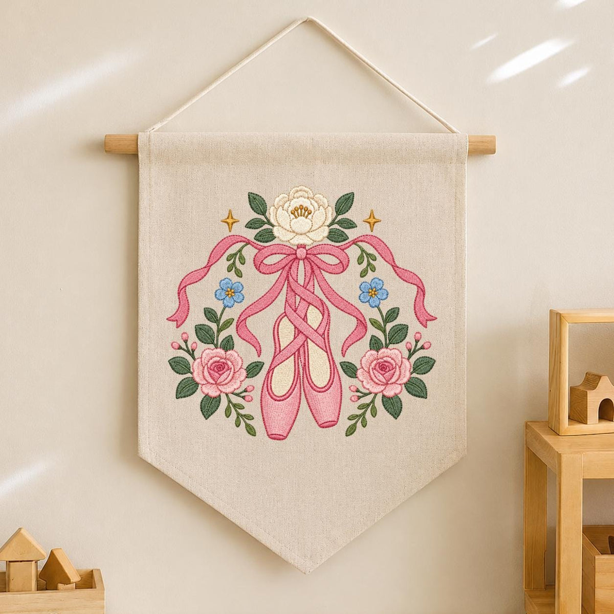 Embroidered Ballet Shoes Wall Hanging Floral Dance Banner Pink Ribbon Pointe Shoe Decor Ballerina Room Art Handmade Gift Keepsake Art