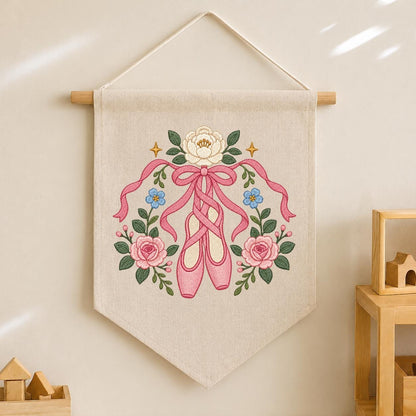 Embroidered Ballet Shoes Wall Hanging Floral Dance Banner Pink Ribbon Pointe Shoe Decor Ballerina Room Art Handmade Gift Keepsake Art