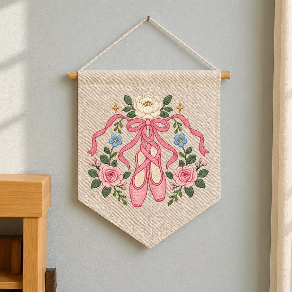 Embroidered Ballet Shoes Wall Hanging Floral Dance Banner Pink Ribbon Pointe Shoe Decor Ballerina Room Art Handmade Gift Keepsake Art