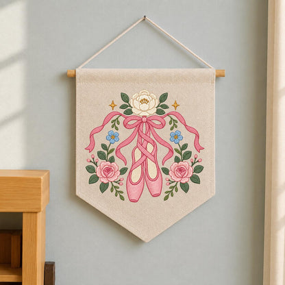 Embroidered Ballet Shoes Wall Hanging Floral Dance Banner Pink Ribbon Pointe Shoe Decor Ballerina Room Art Handmade Gift Keepsake Art