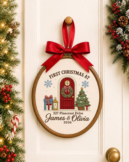 Personalized First Christmas Home Embroidered Ornament, Custom Couple Names Hoop, New Home Christmas Gift, Address Keepsake