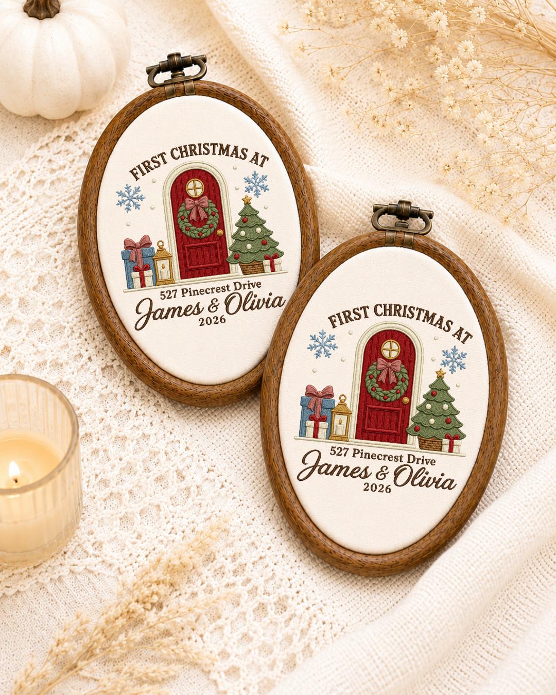 Personalized First Christmas Home Embroidered Ornament, Custom Couple Names Hoop, New Home Christmas Gift, Address Keepsake
