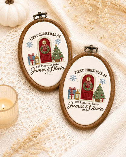 Personalized First Christmas Home Embroidered Ornament, Custom Couple Names Hoop, New Home Christmas Gift, Address Keepsake