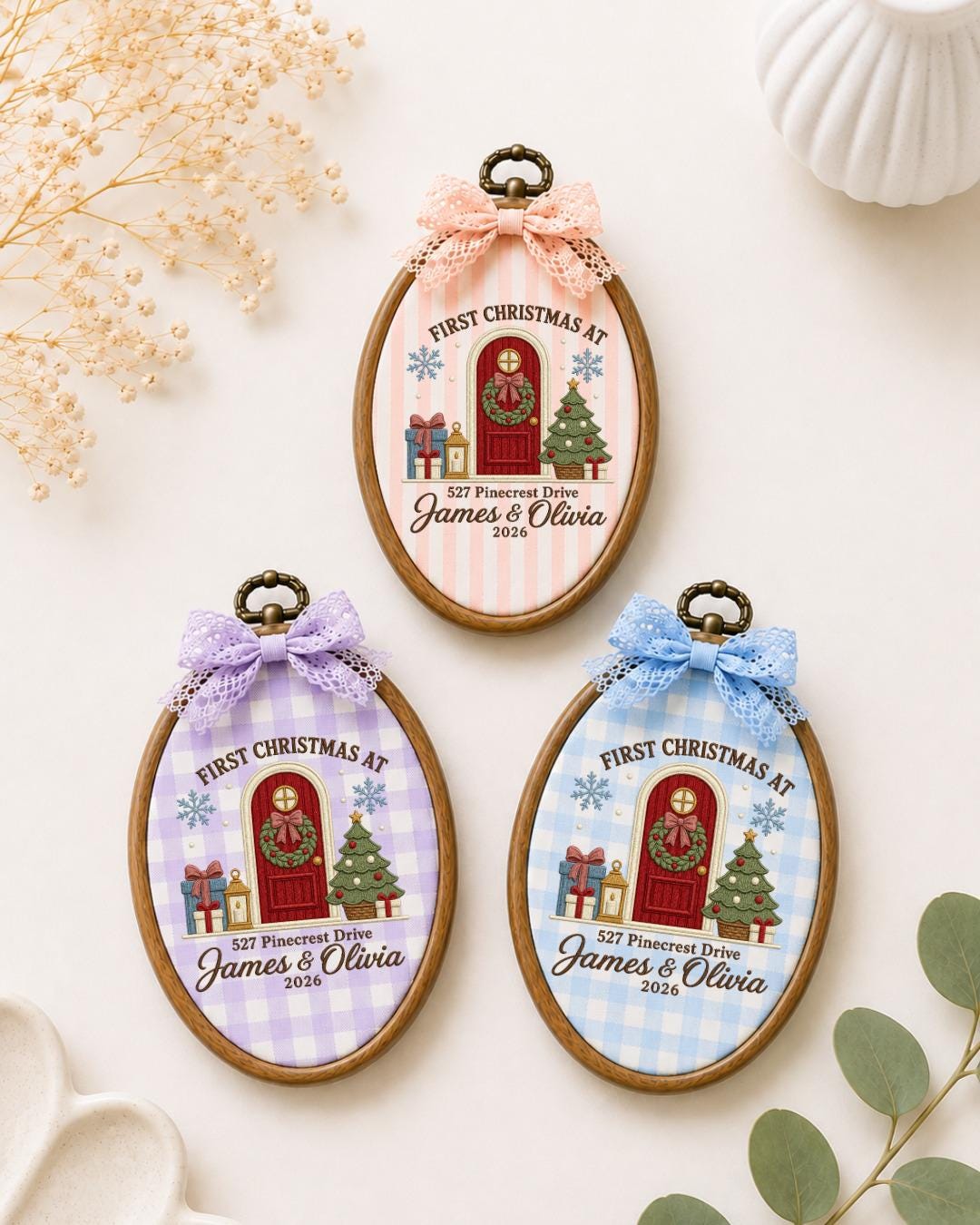 Personalized First Christmas Home Embroidered Ornament, Custom Couple Names Hoop, New Home Christmas Gift, Address Keepsake