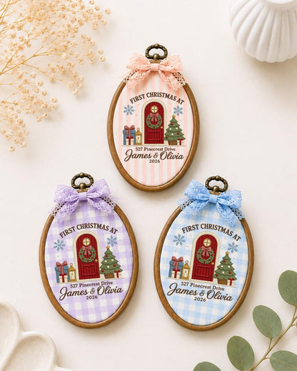 Personalized First Christmas Home Embroidered Ornament, Custom Couple Names Hoop, New Home Christmas Gift, Address Keepsake