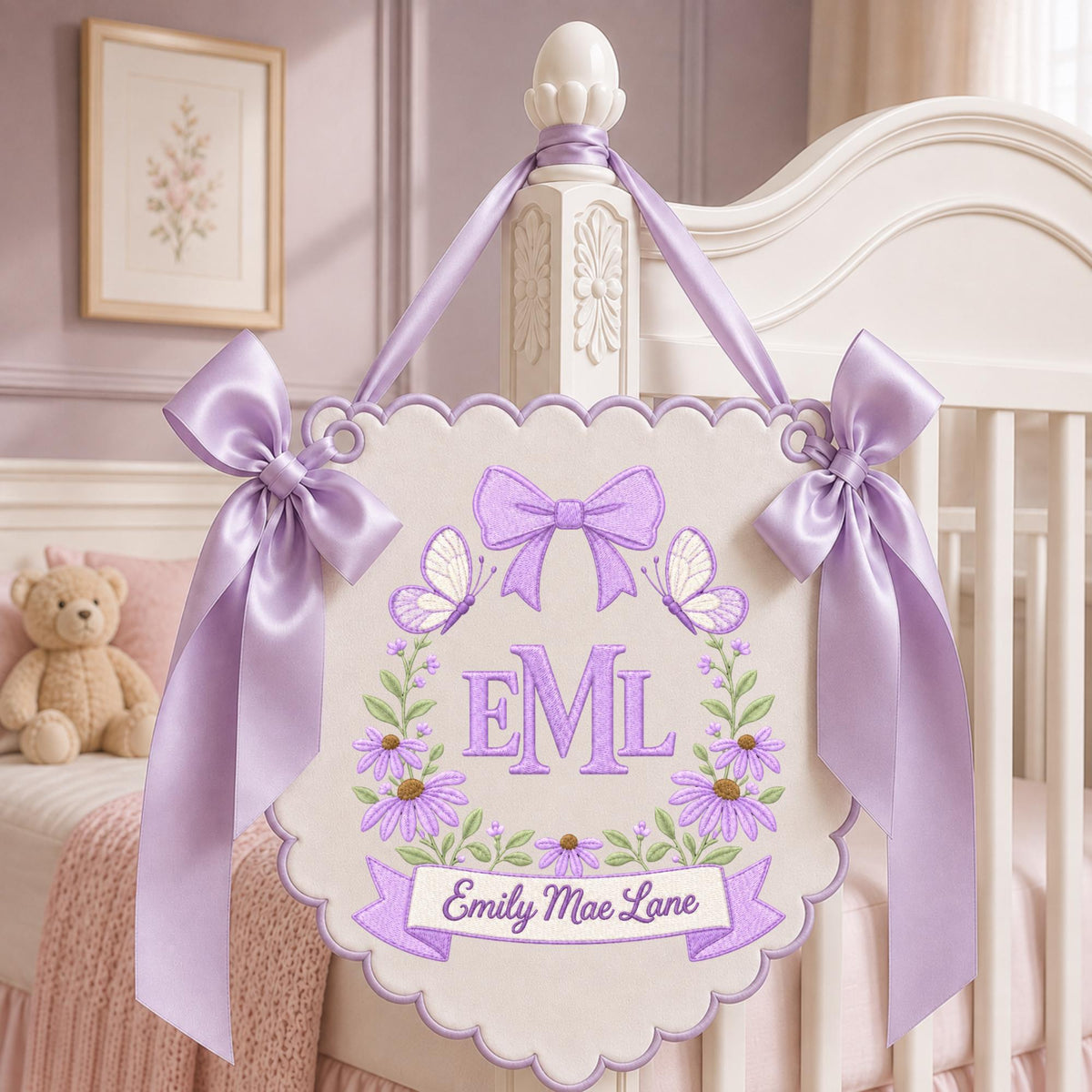 Personalized Butterfly Baby Name Embroidered Banner, Custom Monogram Floral Nursery Wall Hanging, Baby Girl Name Sign, Baby Shower Gift