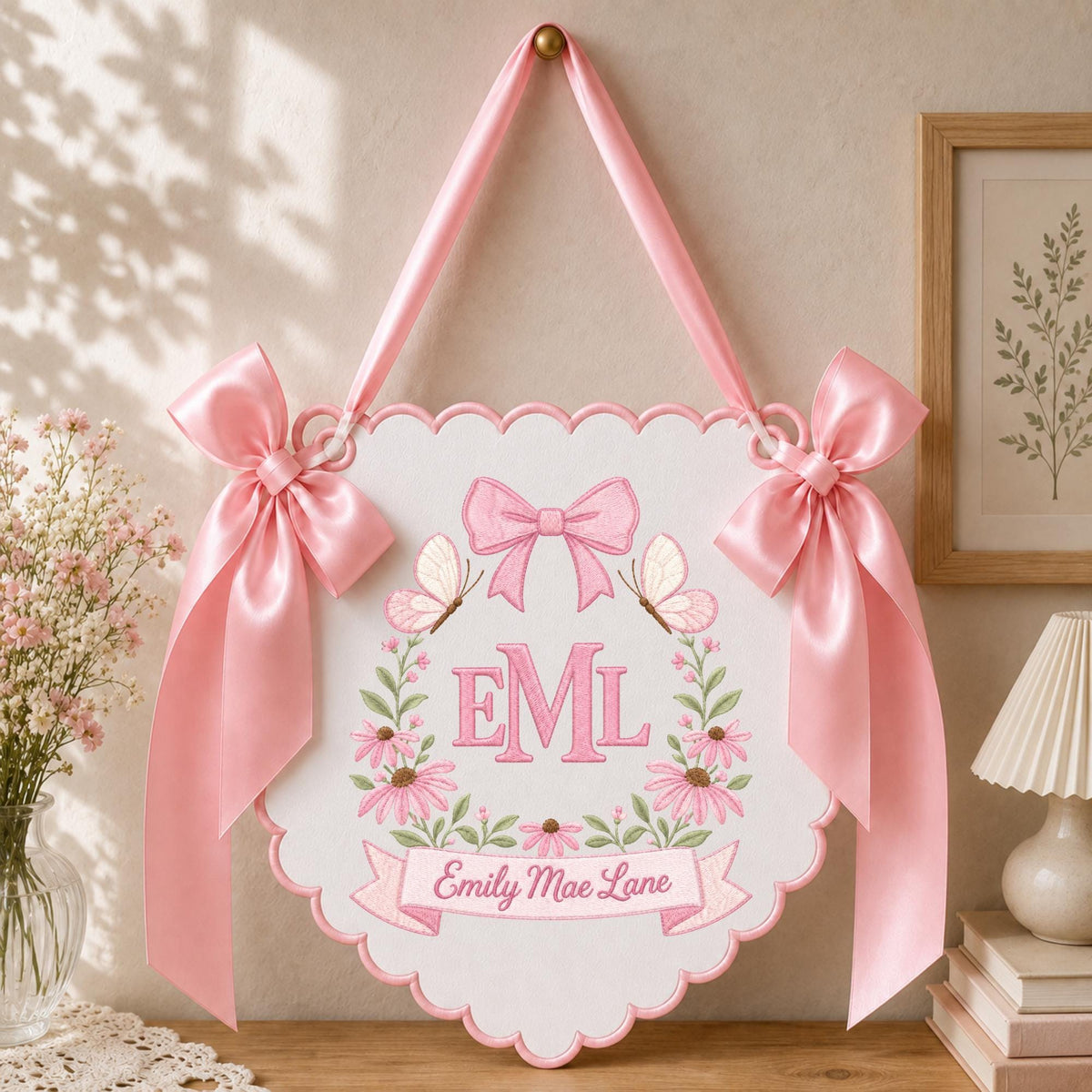 Personalized Butterfly Baby Name Embroidered Banner, Custom Monogram Floral Nursery Wall Hanging, Baby Girl Name Sign, Baby Shower Gift