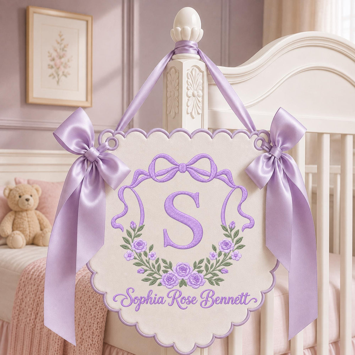 Personalized Floral Monogram Embroidered Banner, Custom Baby Name Nursery Wall Hanging, Initial Name Sign, Baby Girl Shower Gift