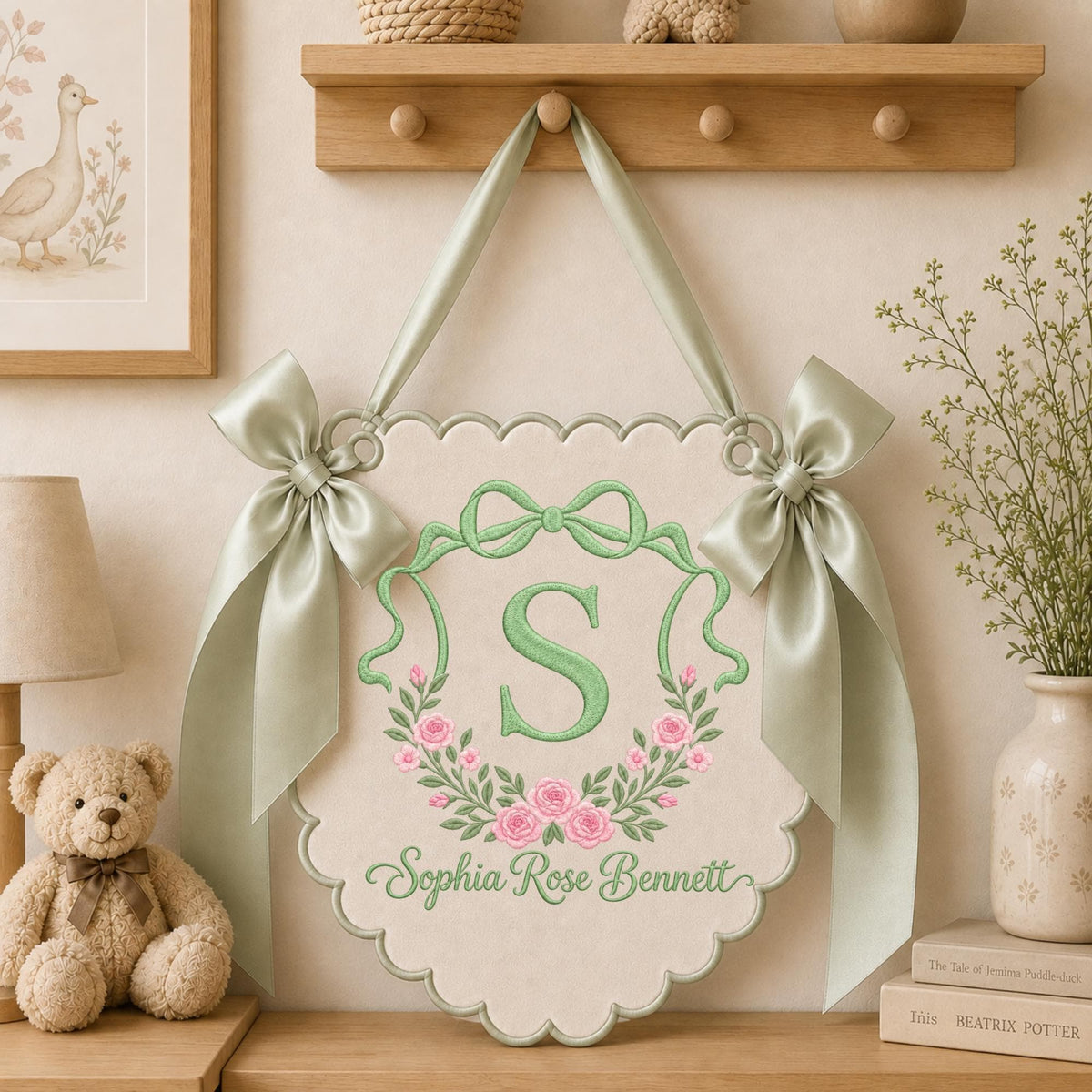 Personalized Floral Monogram Embroidered Banner, Custom Baby Name Nursery Wall Hanging, Initial Name Sign, Baby Girl Shower Gift