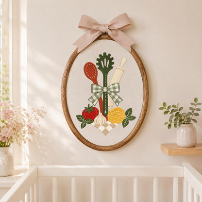 Embroidered Kitchen Utensil Wall Hanging Oval Hoop Decor Cooking Gift Floral Vegetable Kitchen Art Handmade Home Ornament with Bow
