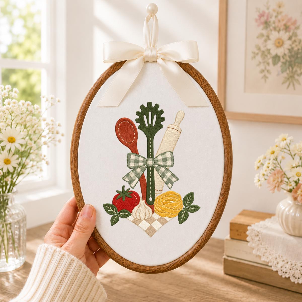 Embroidered Kitchen Utensil Wall Hanging Oval Hoop Decor Cooking Gift Floral Vegetable Kitchen Art Handmade Home Ornament with Bow
