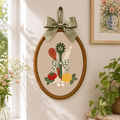 Embroidered Kitchen Utensil Wall Hanging Oval Hoop Decor Cooking Gift Floral Vegetable Kitchen Art Handmade Home Ornament with Bow