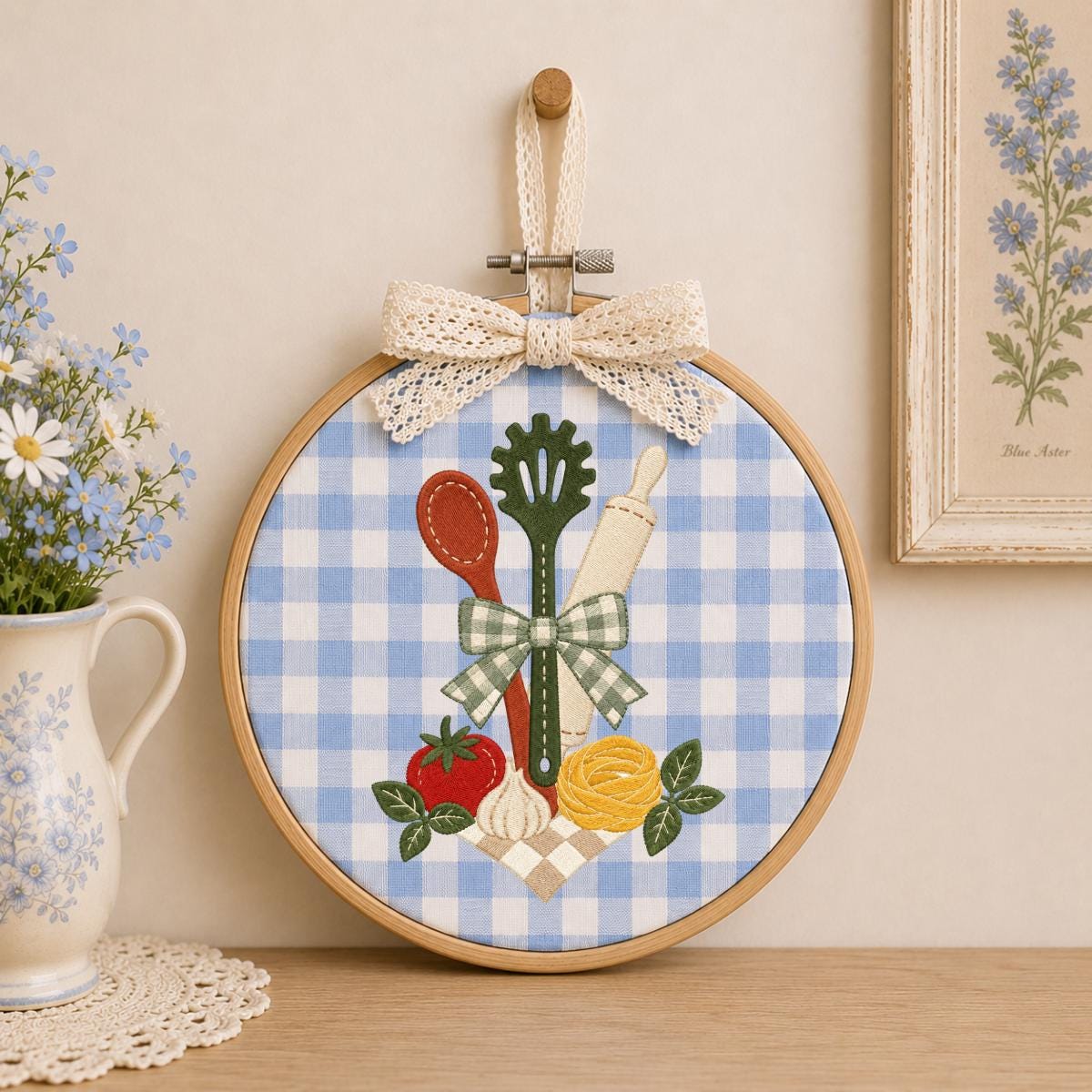Embroidered Kitchen Utensil Wall Hanging Oval Hoop Decor Cooking Gift Floral Vegetable Kitchen Art Handmade Home Ornament with Bow