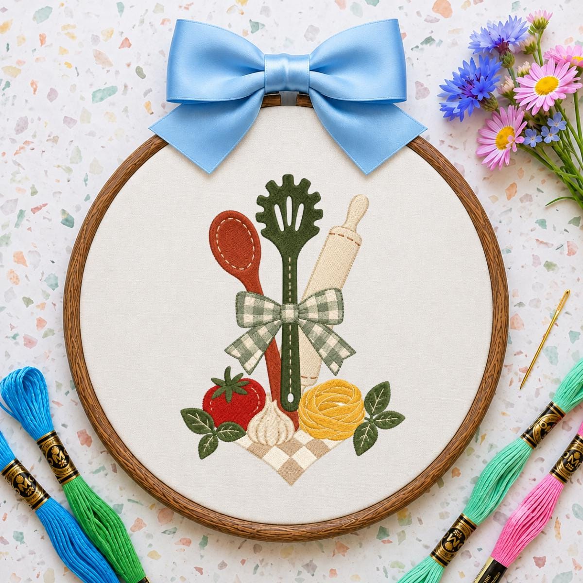 Embroidered Kitchen Utensil Wall Hanging Oval Hoop Decor Cooking Gift Floral Vegetable Kitchen Art Handmade Home Ornament with Bow