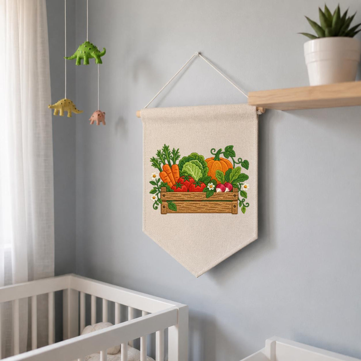 Embroidered Vegetable Garden Wall Hanging Banner Wooden Crate Decor Rustic Kitchen Art Farmhouse Home Gift Harvest Vegetable Ornament