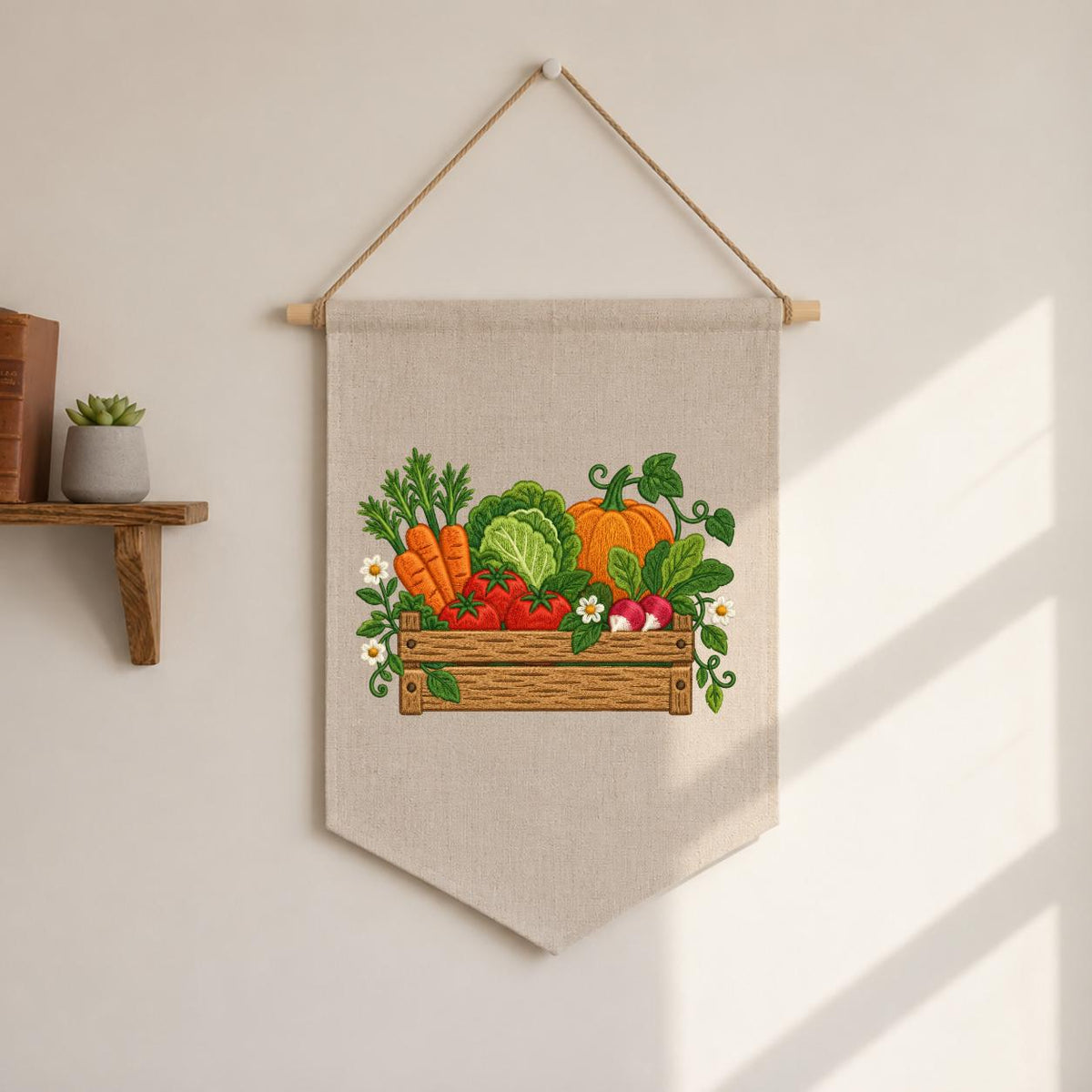 Embroidered Vegetable Garden Wall Hanging Banner Wooden Crate Decor Rustic Kitchen Art Farmhouse Home Gift Harvest Vegetable Ornament