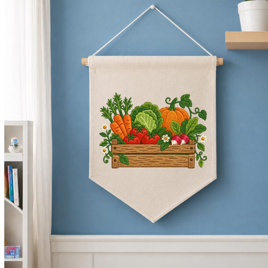 Embroidered Vegetable Garden Wall Hanging Banner Wooden Crate Decor Rustic Kitchen Art Farmhouse Home Gift Harvest Vegetable Ornament