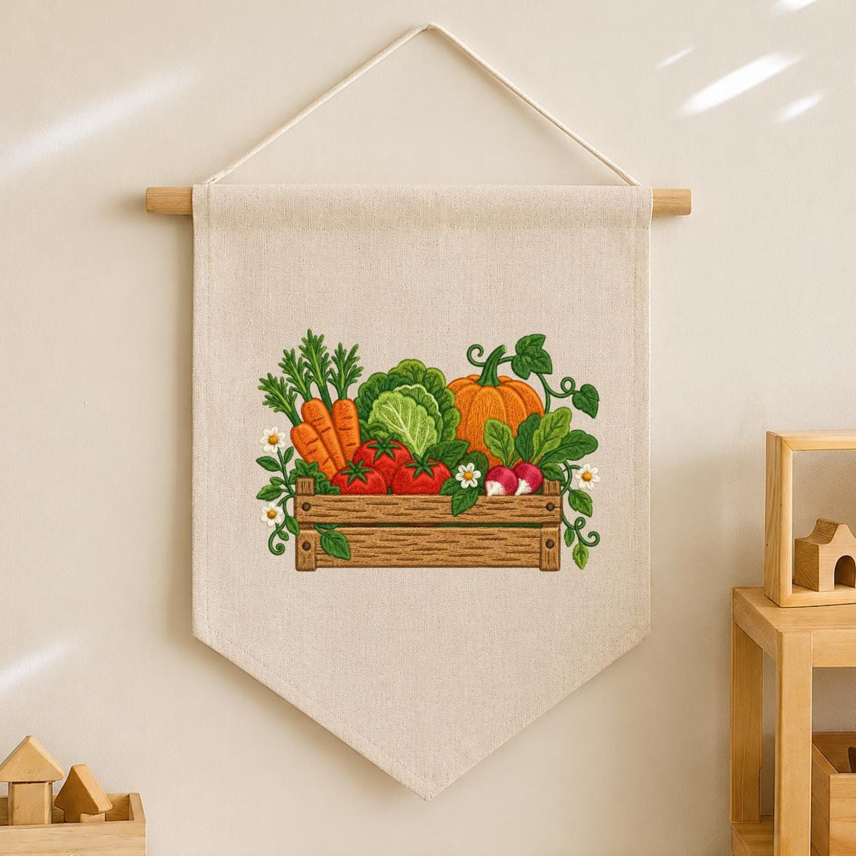 Embroidered Vegetable Garden Wall Hanging Banner Wooden Crate Decor Rustic Kitchen Art Farmhouse Home Gift Harvest Vegetable Ornament