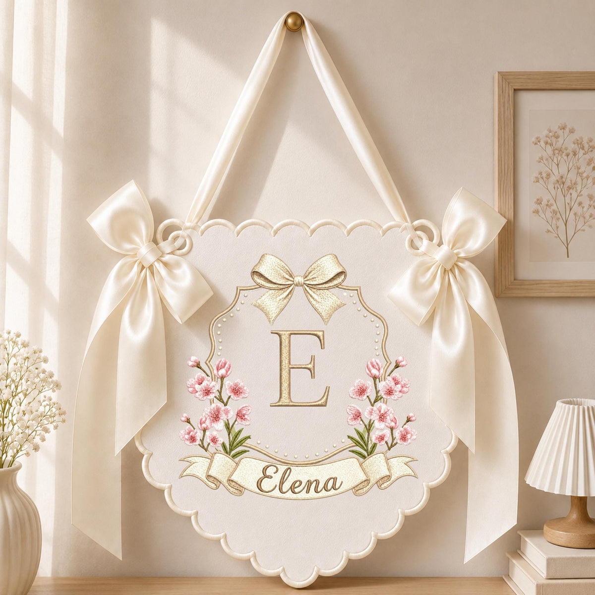 May include: A cream-colored scalloped wall hanging featuring a large gold letter E centered within a decorative frame. The design includes pink floral accents, a gold bow at the top, and a banner with the name Elena. Two large satin bows hang from the sides.