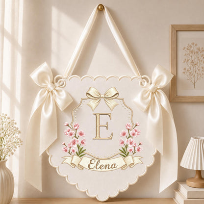 May include: A cream-colored scalloped wall hanging featuring a large gold letter E centered within a decorative frame. The design includes pink floral accents, a gold bow at the top, and a banner with the name Elena. Two large satin bows hang from the sides.