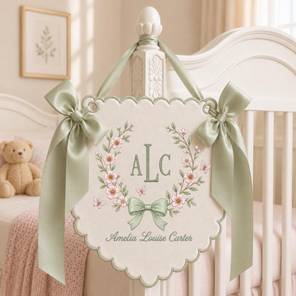 May include: A cream-colored scalloped wall hanging featuring a sage green embroidered monogram ALC centered within a floral wreath of pink blossoms and small butterflies. A sage green ribbon bow is at the bottom and two large side bows.